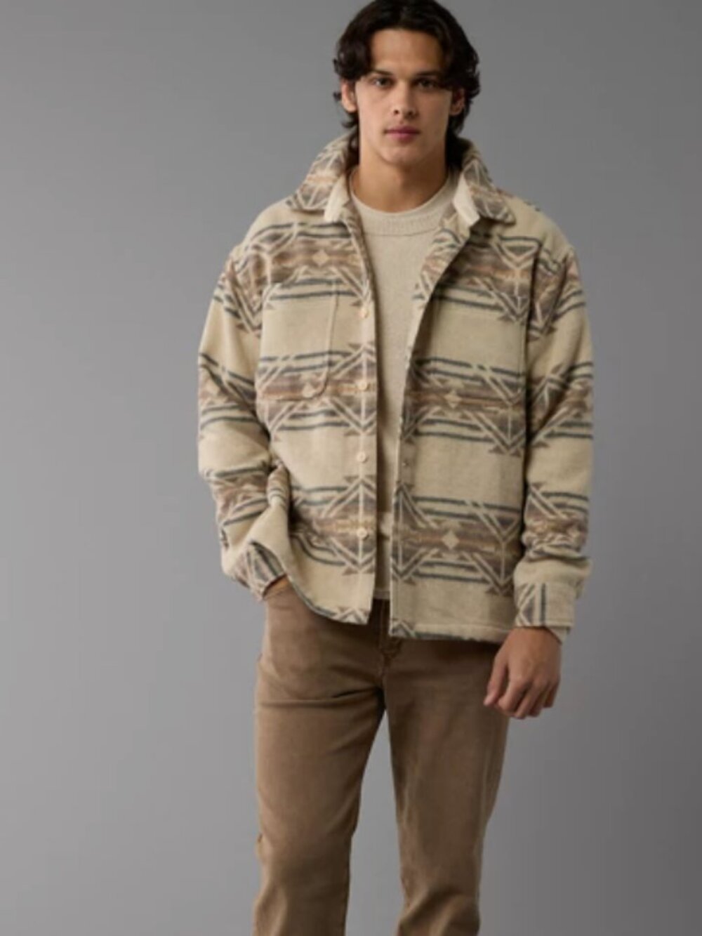 AMERICAN EAGLE Aztec Southwestern Shirt Shacket Jacket Cocoa Cream Large Outdoor